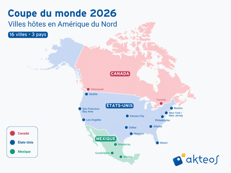 Carte des villes hôtes - FIFA World Cup 2026 Carte des 16 villes hôtes de la Coupe du monde FIFA 2026, réparties entre les États-Unis (11 villes dont Los Angeles, New York, Dallas et Miami), le Canada (Toronto, Vancouver) et le Mexique (Mexico, Guadalajara, Monterrey).