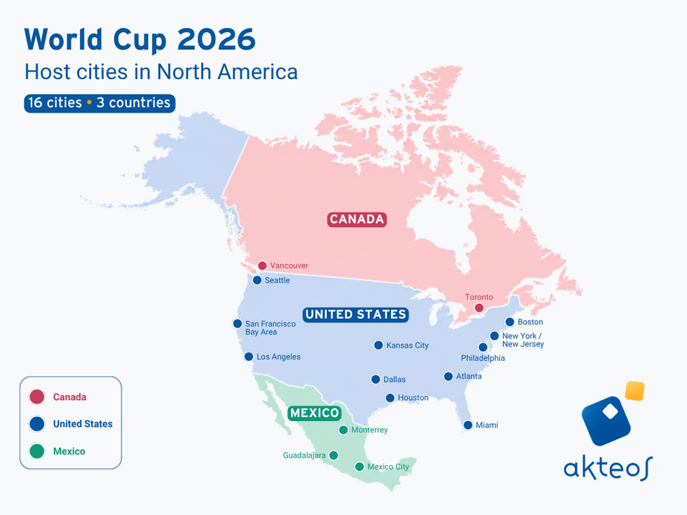 2026 FIFA World Cup Host Cities Map Map of the 16 host cities for the 2026 FIFA World Cup, spread across the United States (11 cities including Los Angeles, New York, Dallas, and Miami), Canada (Toronto and Vancouver), and Mexico (Mexico City, Guadalajara, and Monterrey).